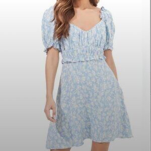 ASTR The Label Blue Ivory Floral Puff Sleeve Mini Dress